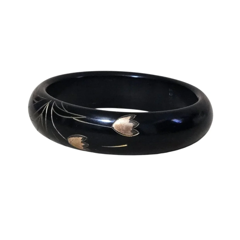 Carved Painted Flowers Black Bakelite Bangle Bracelet France signed Vtg Art Deco